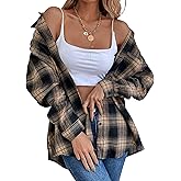 Korebow Womens Fashion Flannel Buffalo Plaid Shirt Button Down Long Sleeve Casual Loose Collared Shirts Blouse Top