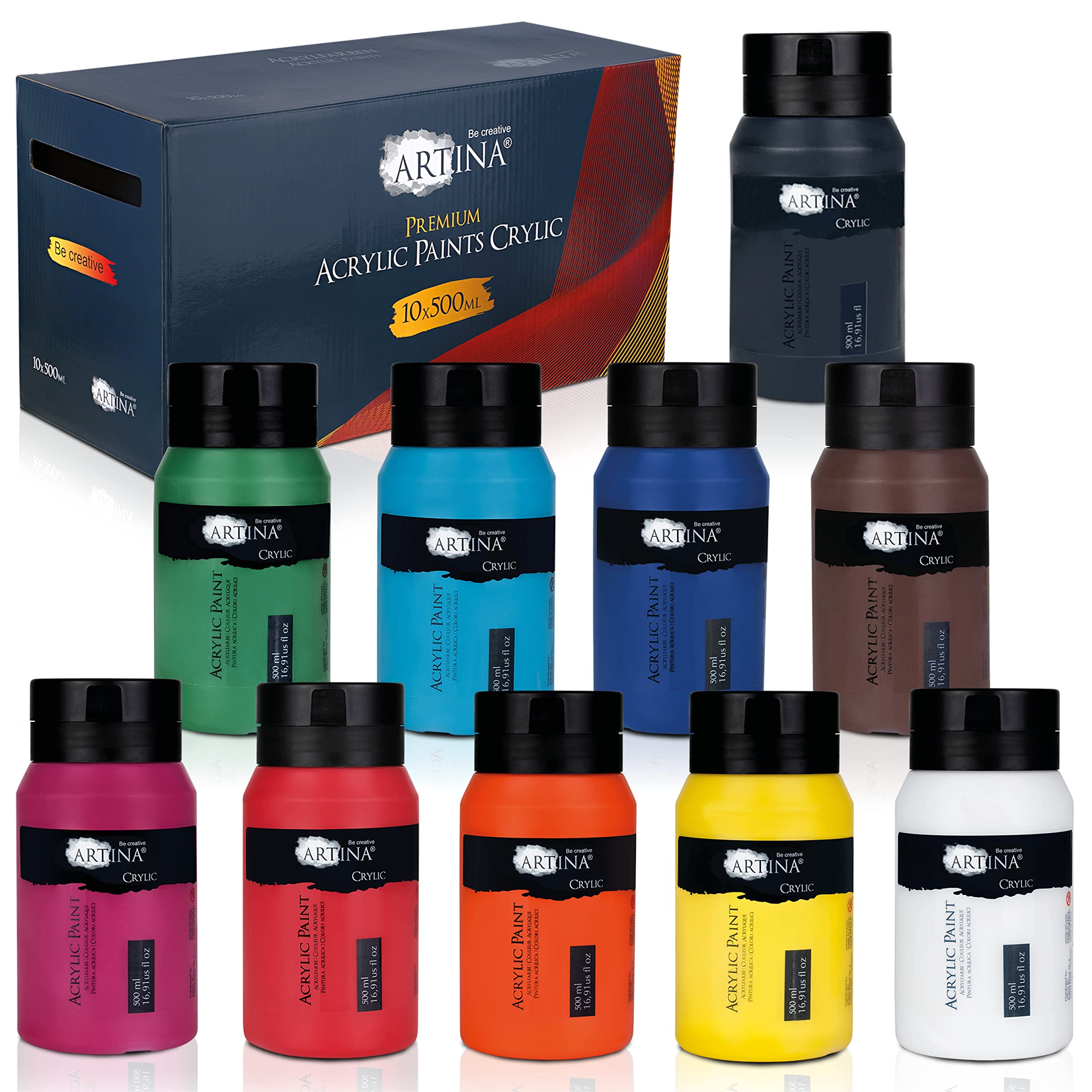 Artina 10pcs Acrylic Paints Set 500ml Crylic – 10x500ml Professional Colours for Painting - Highly Pigmented, Luminous & Quick-Drying Paints – Waterproof & High Coverage