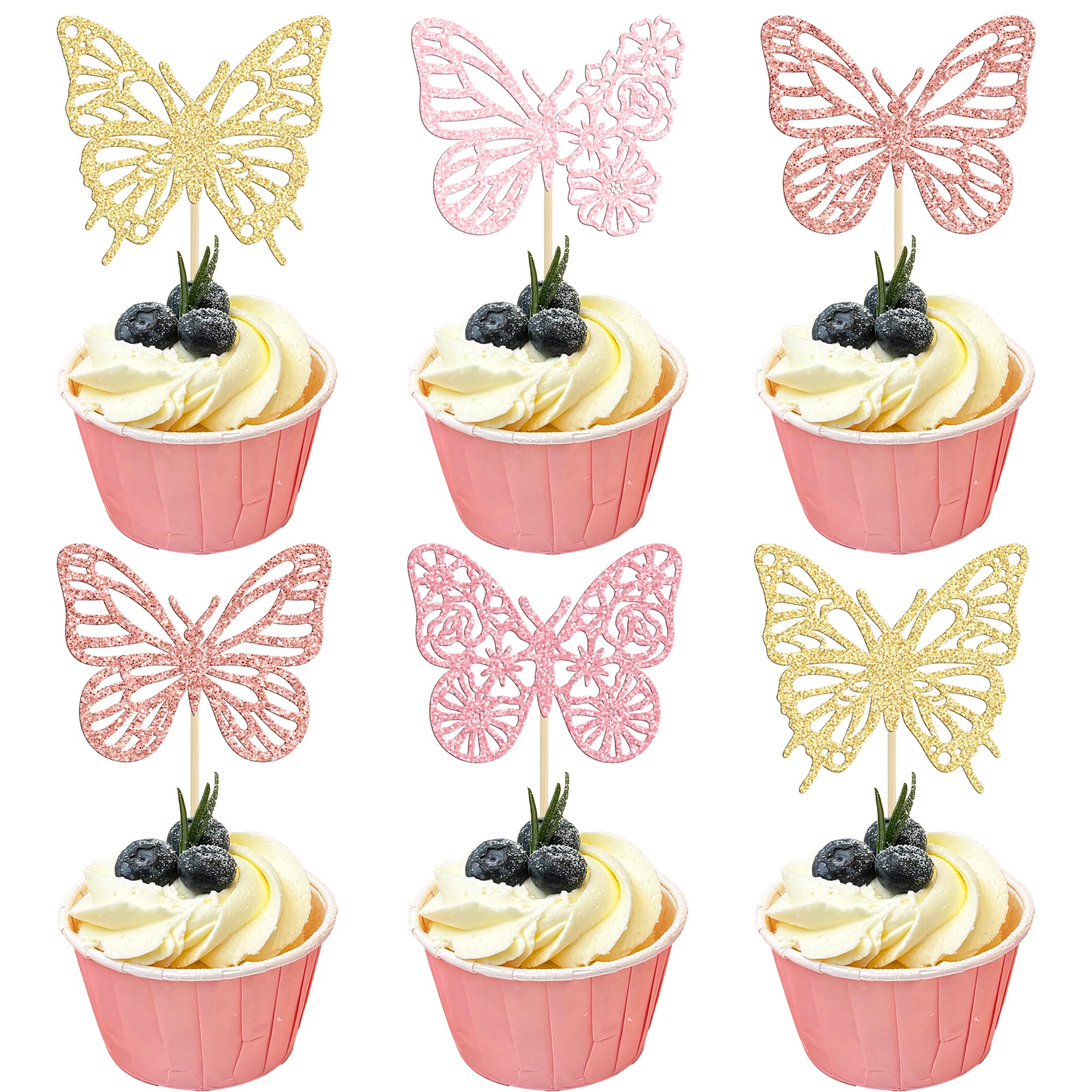 Gyufise 24 Pack Multicolor Glitter Assembled Butterfly Cupcake Toppers Butterfly Cupcake Pick Decorations for Wedding Anniversary Kids Babyshower Birthday Party Supplies
