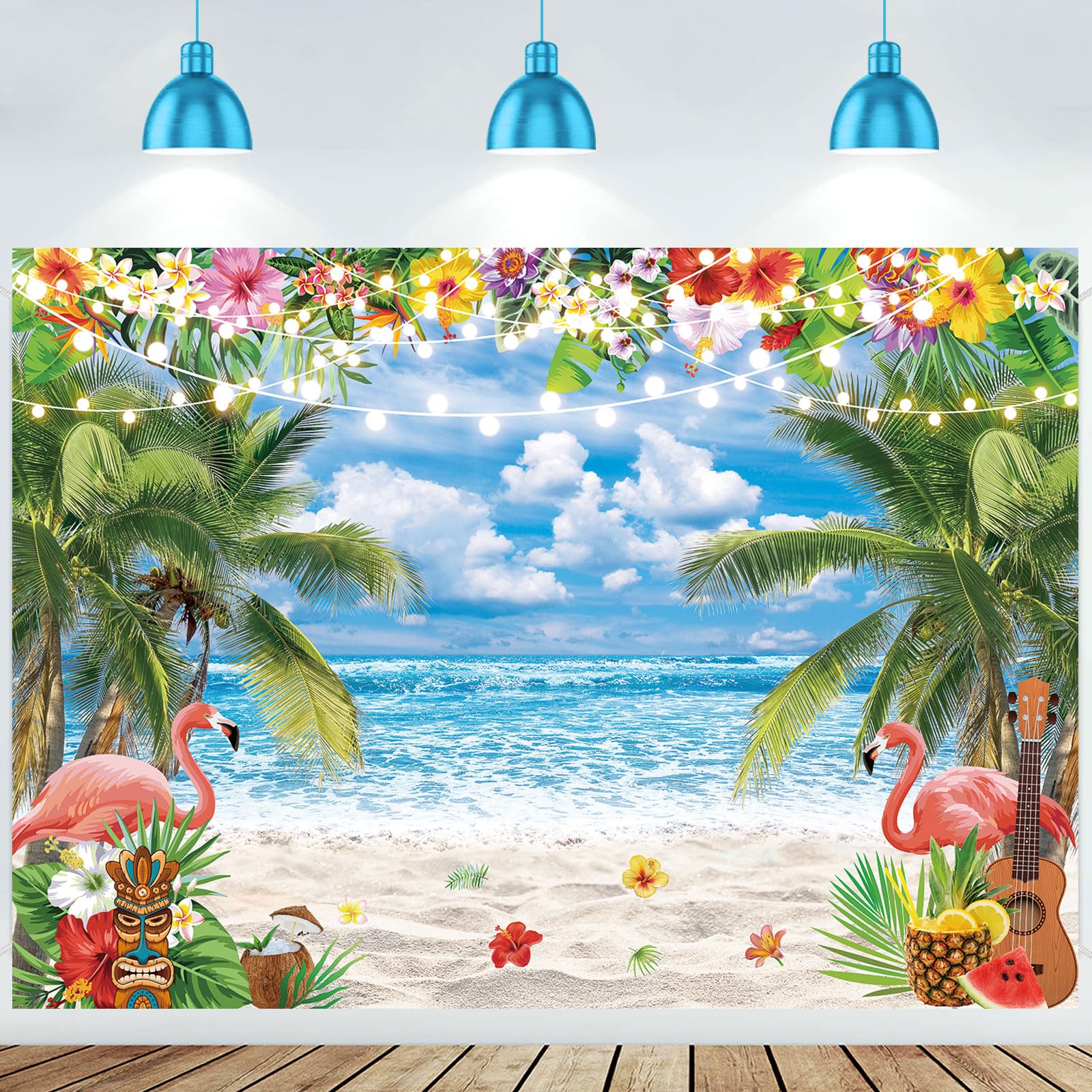 10x8ft Summer Hawaiian Beach Ocean Photography Backdrop Blue Sky Seaside Sea Tropical Palm Trees Background for Aloha Luau Party Decorations Banner