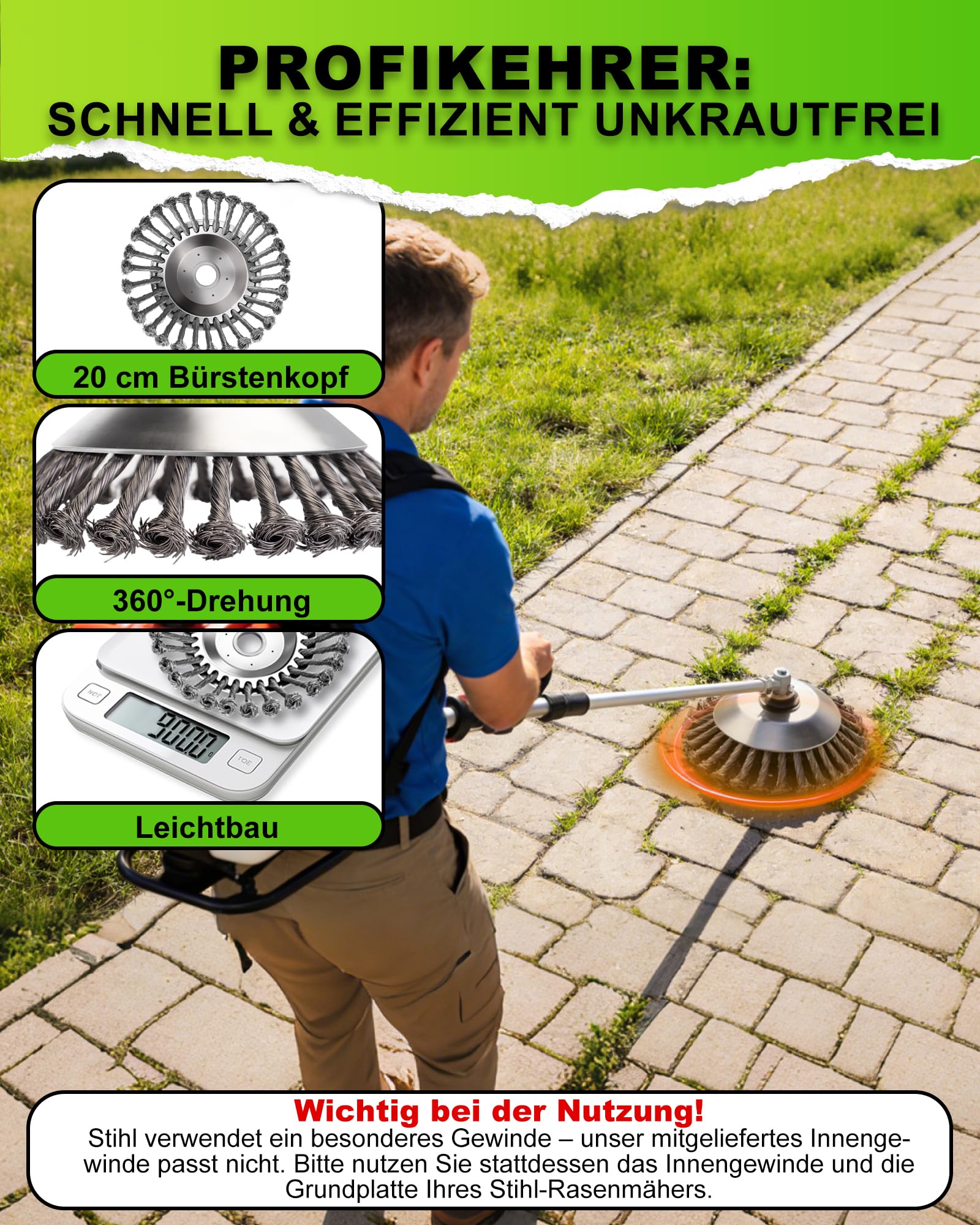 LADAMI ! Profi ! Unkrautbürste Wildkrautbürste MOTORSENSE 25,4 x 200 mm Hohe Standfestigkeit - sehr robust - leichte Montage 1 Stück 8