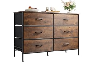 WLIVE Dresser for Bedroom with 6 Drawers, Wide Fabric Dresser TV Stand for 50 Inches TV, with Metal Frame, Wooden Top, Fabric Storage Dressers for Bedroom, Hallway, Entryway, Rustic Brown
