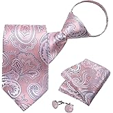 DiBanGu Silk Zipper Ties for Men,Paisley Solid Plaid Pre-tied Tie and Pocket Square Cufflinks Set Formal Adjustable Necktie