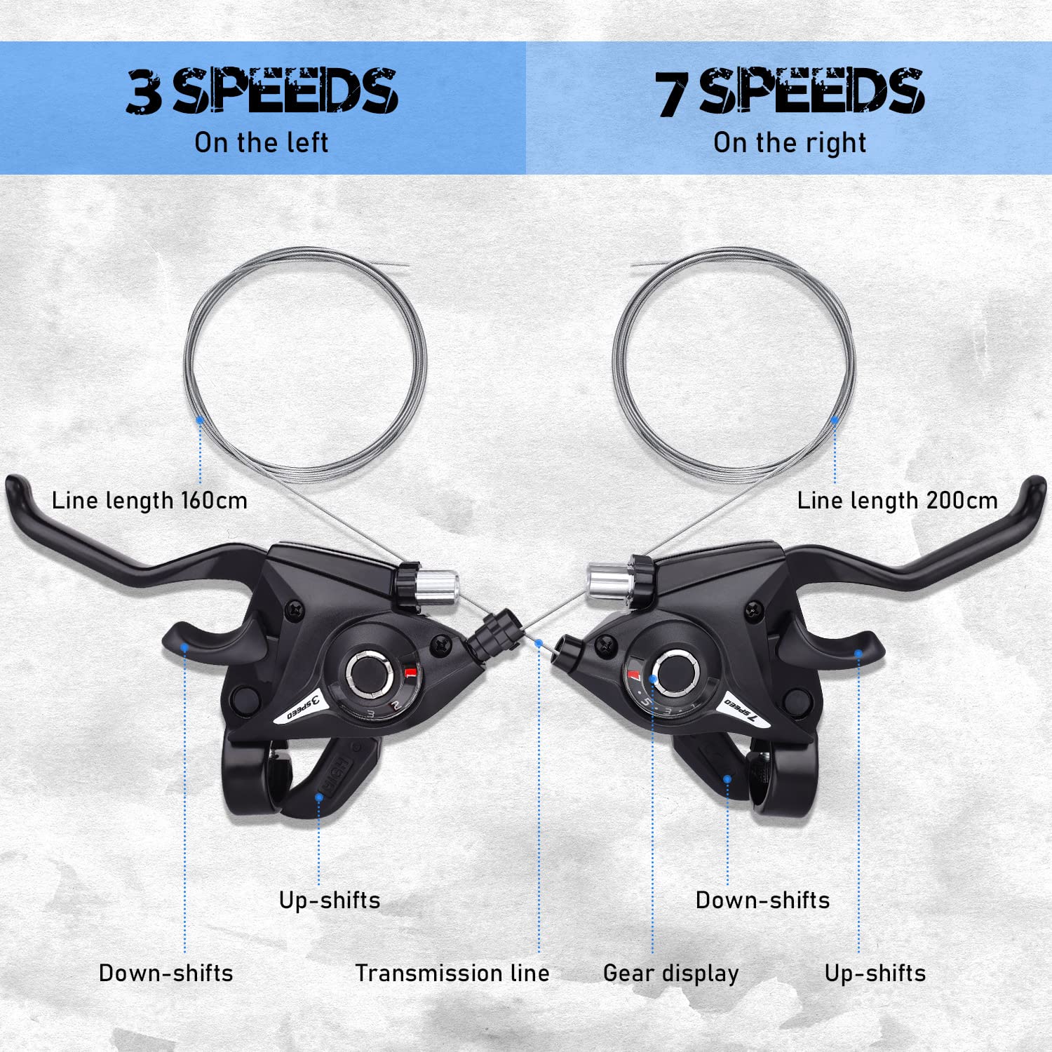 TOBWOLF Bicycle Brake Levers Shifter, 3x7/8 21/24 Speed Mountain Bike shifters Set, Left Right Brake Lever Shifter Kits with Gear Indicator, Replacement with Shift Cables for Moutain Bike Folding Bike