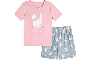 Hupohoi Big Girls Summer Cute Pajama Sets Striped Hearts Shape Printed Sleepwear