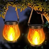 iBaycon 2 Pack Solar Lanterns Lights, Halloween Flickering Flame Garden Lights with 2 Modes Dual Charging USB & Solar, Outdoor Waterproof Hanging Lantern for Party Holiday Halloween Decor (Warm White)
