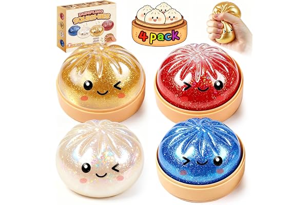 Dumpling Squishy 4 Pack, Glitter Dumpling Squishy Fidget Sensory Toys, Colorful Dumplings Squishies Stress Balls for Anxiety