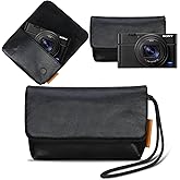 Lacdo Camera Case Bag for Sony RX100 VII/ RX100 VI/ RX100 V/RX100 IV/RX100 III Digital Camera, Soft Leather Protective Camera Travel Pouch Sleeve, Compact Sony RX100 Camera Bag with Wrist Strap, Black