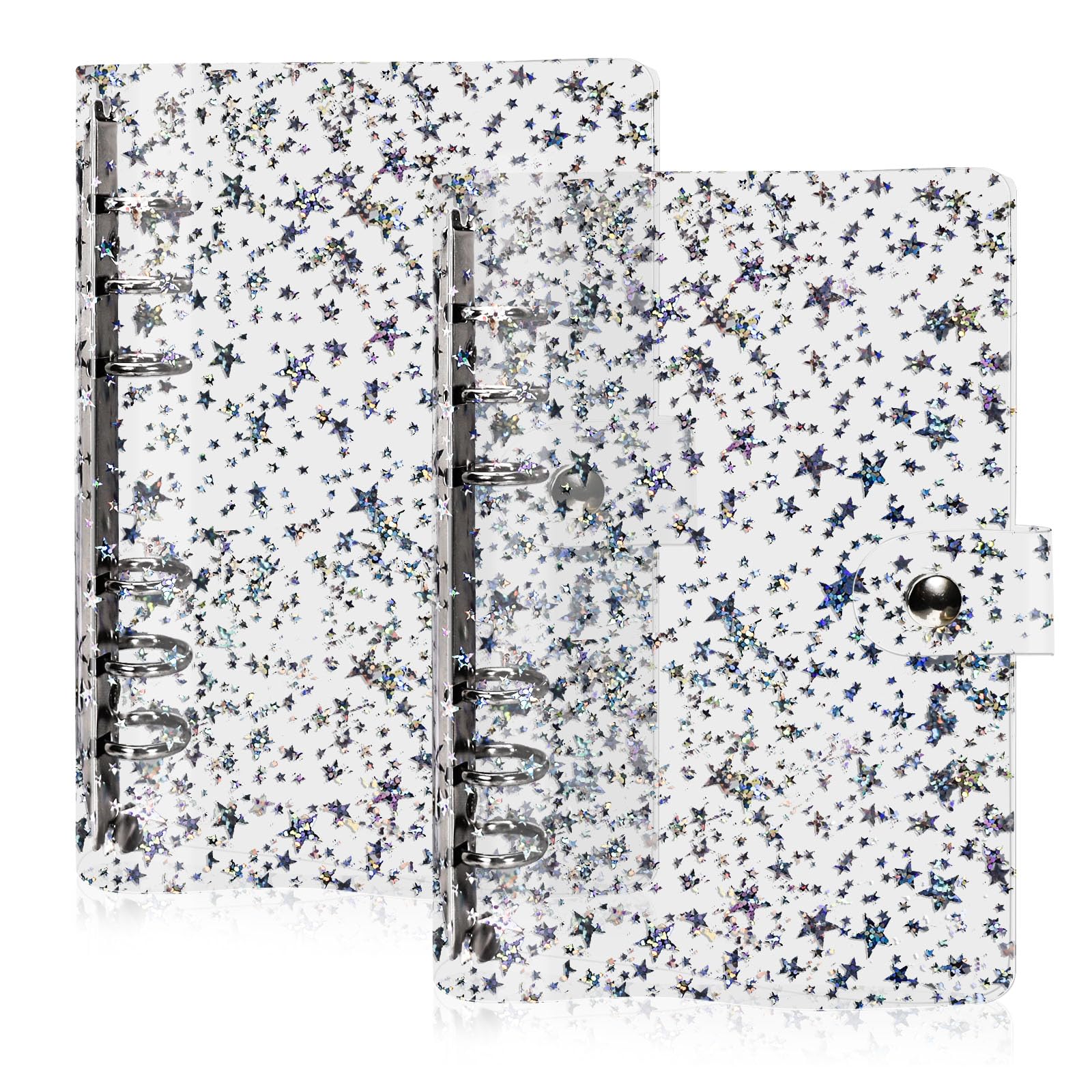 2pcs Transparent Soft PVC 6 Ring Binder Cover, 6 Hole Soft Cover Binder, Office Binder Supplies for Meeting Travel (Transparent Stars)