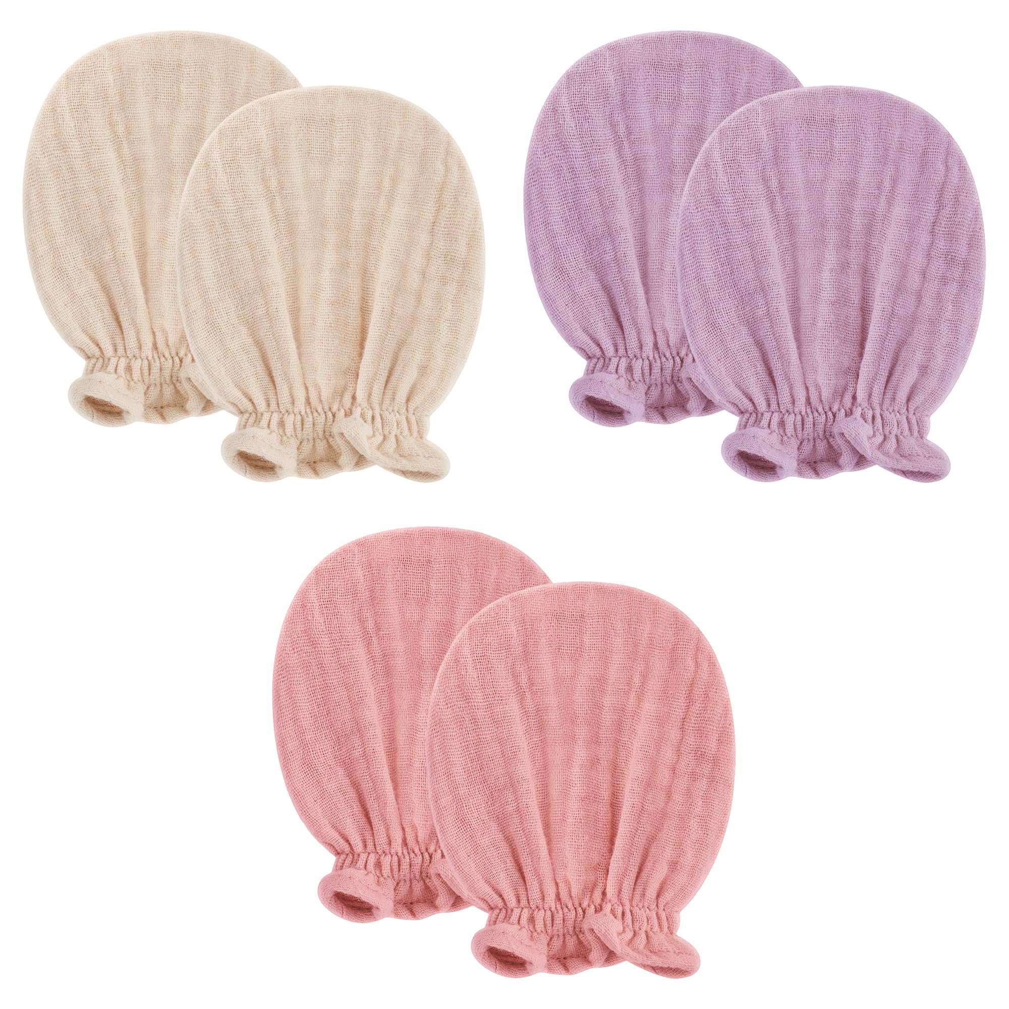 Photo 1 of Pro Goleem 3-Pack Muslin Baby Girl No Scratch Mittens for Newborn 0-6 Months, 100% Cotton Soft Breathable Infant Gloves with Elastic Strap, Essentials Must-Haves, Registry Gifts, Beige Pink Purple