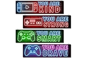 SIMIMI ART Motivational Wall Art for Room - Neon Inspirational Game Room Decor - 4 Pieces Neon Gaming Decor for Boys Room Wooden Video Game Wall Art 12 x 3 inch
