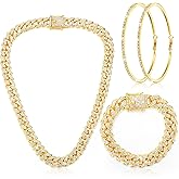 Batiyeer 3 Pcs Cuban Link Chain Necklace Bracelet Rhinestone Hoop Earrings Bling Crystal Hip Hop Jewelry for Women(16 Inch,Gold)