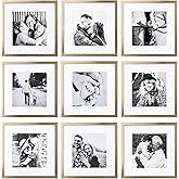 ArtbyHannah Square Picture Frame, Gold Gallery Wall Frame Set Display Pictures 8x8 inch with Mat or 12x12 inch Without Mat, Wall Hanging Photo Frame for Living Room or Staircase Decoration (9 Pack)
