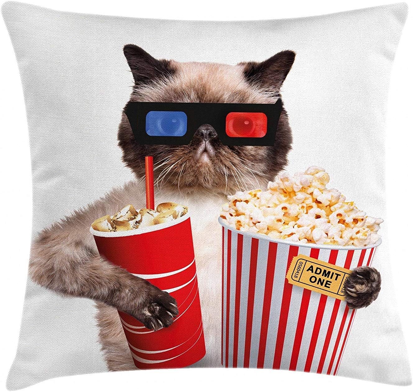 Movie Theater Throw Pillow Cushion Cover, Cat with Popcorn and Drink Watching Movie Glasses Entertainment Cinema Fun, Decorative Square Accent Pillow Case,Multicolor 16X16INCH