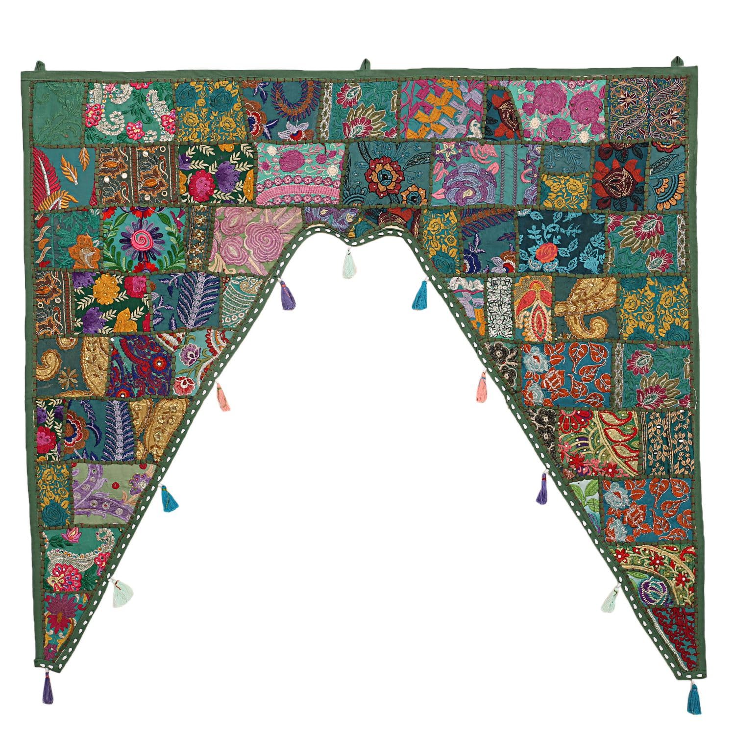 Stylo Culture Indian Cotton Swag Curtain Large Door Valance For Kids Bedroom Dark Green Vintage Embroidered Patchwork Floral Scarf Curtain Topper Home Decor Window Hanging Toran Gate | 45 x 41 Inches
