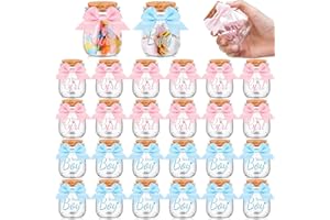Funnymoom 24 Sets Baby Shower Bottles Favors for Guests Glass 100 ml Milk Jar with Ribbons and Stickers Decorations for Gender Reveal Newborn Centerpiece Party Favor(Pink & Blue,Team Girl & Boy)