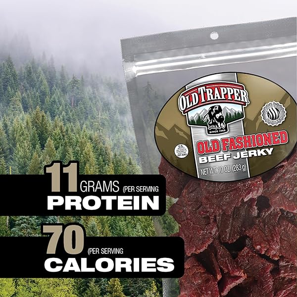 OLD TRAPPER BEEF JERKY, OLD-FASHIONED 10-OUNCE BAG, TENDER MEAT SNACKS FOR LUNCHES OR BETWEEN MEALS, 11 GRAMS OF PROTEIN, ZERO GRAMS OF FAT, AND 70 CALORIES PER OUNCE (PACK OF ONE)