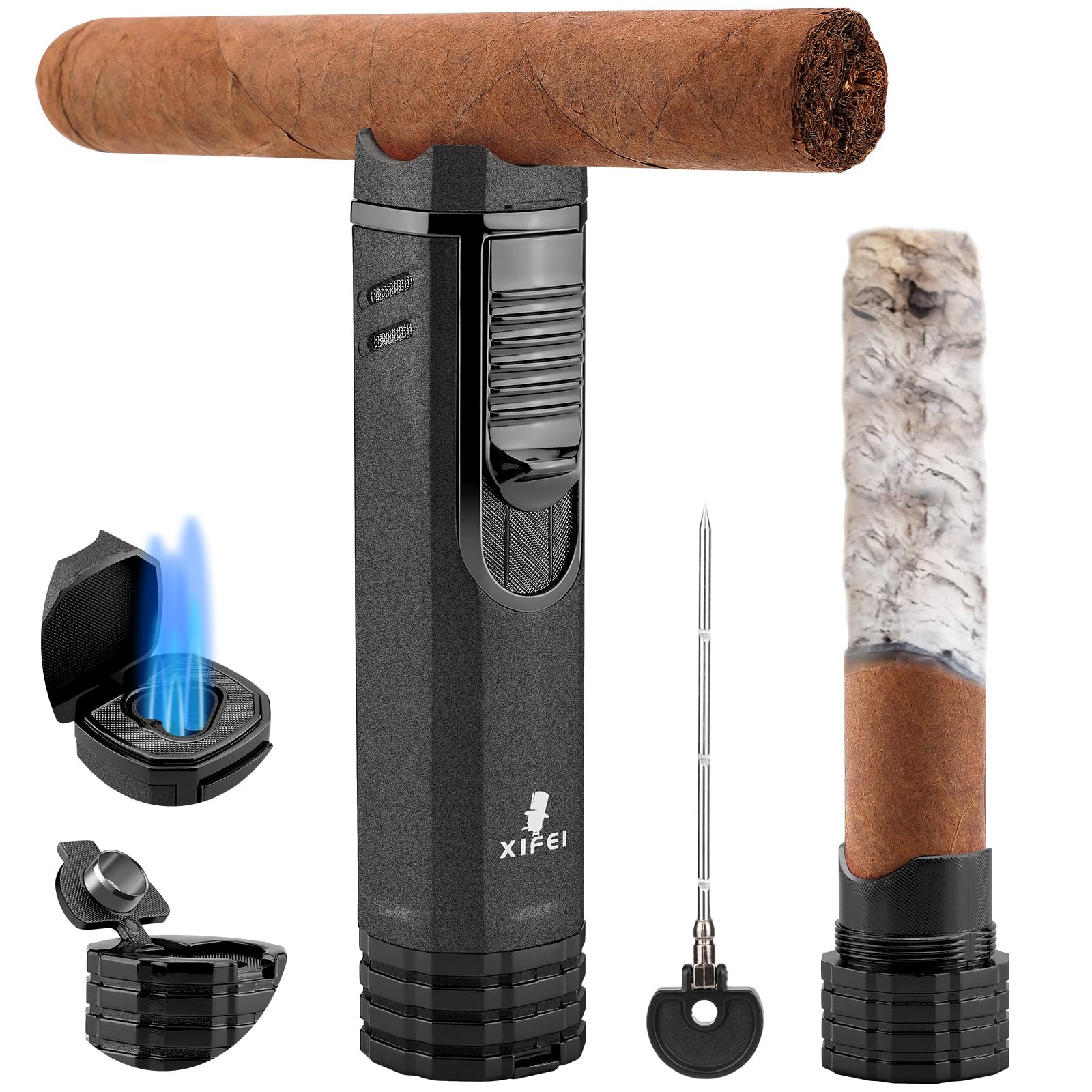 Photo 1 of (sold for parts) XIFEI Cigar Lighter 3-Angled Jet Flames, Cigar Puncher, Cigar Draw Enhancer, Cigar Stand, 4-in-1Refillable Butane Torch Lighter (Sand black)