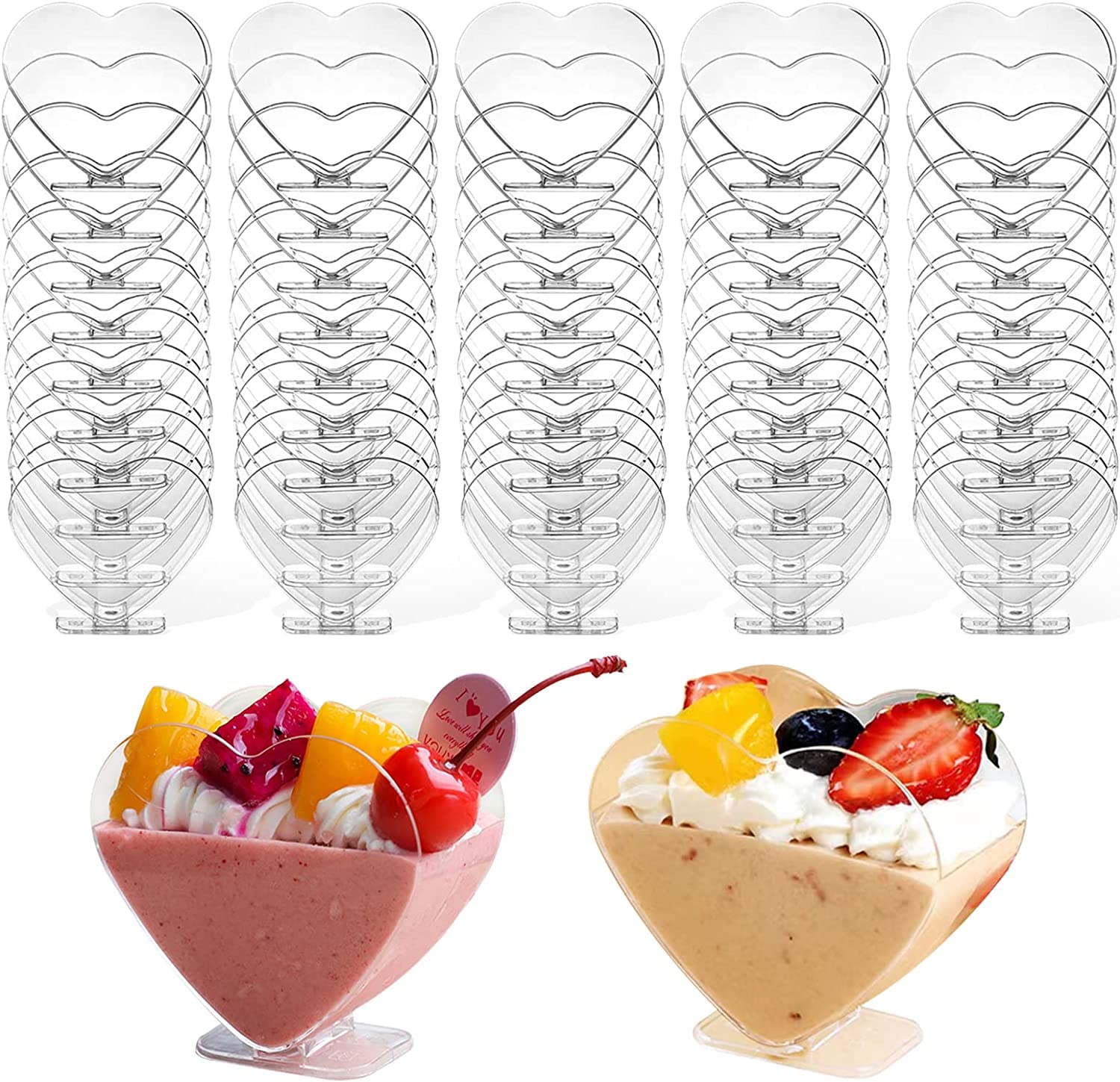 LATERN 50Pcs Plastic Dessert Cups, 120ml Heart Shape Dessert Cups Clear Parfait Appetizer Cup Reusable Serving Bowl for Dessert Pudding Mousse Party (7.6 x 7.1cm)