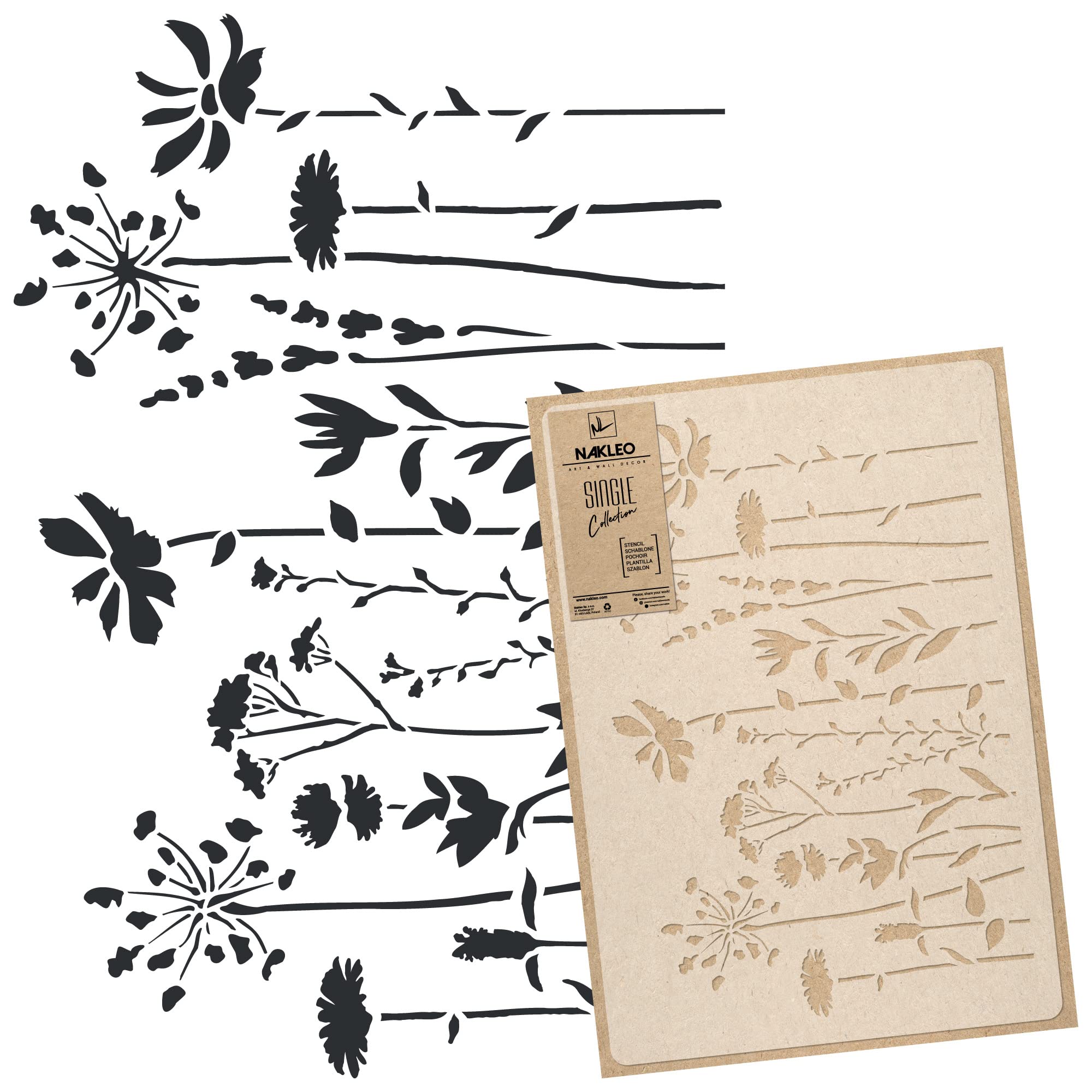 NAKLEO Floral Large Wall Painting Stencil 43x64 cm, Meadow Flowers Pattern, Reusable Plastic Template, DIY Art and Craft Home Decor, Floor Wood Fabric Furniture