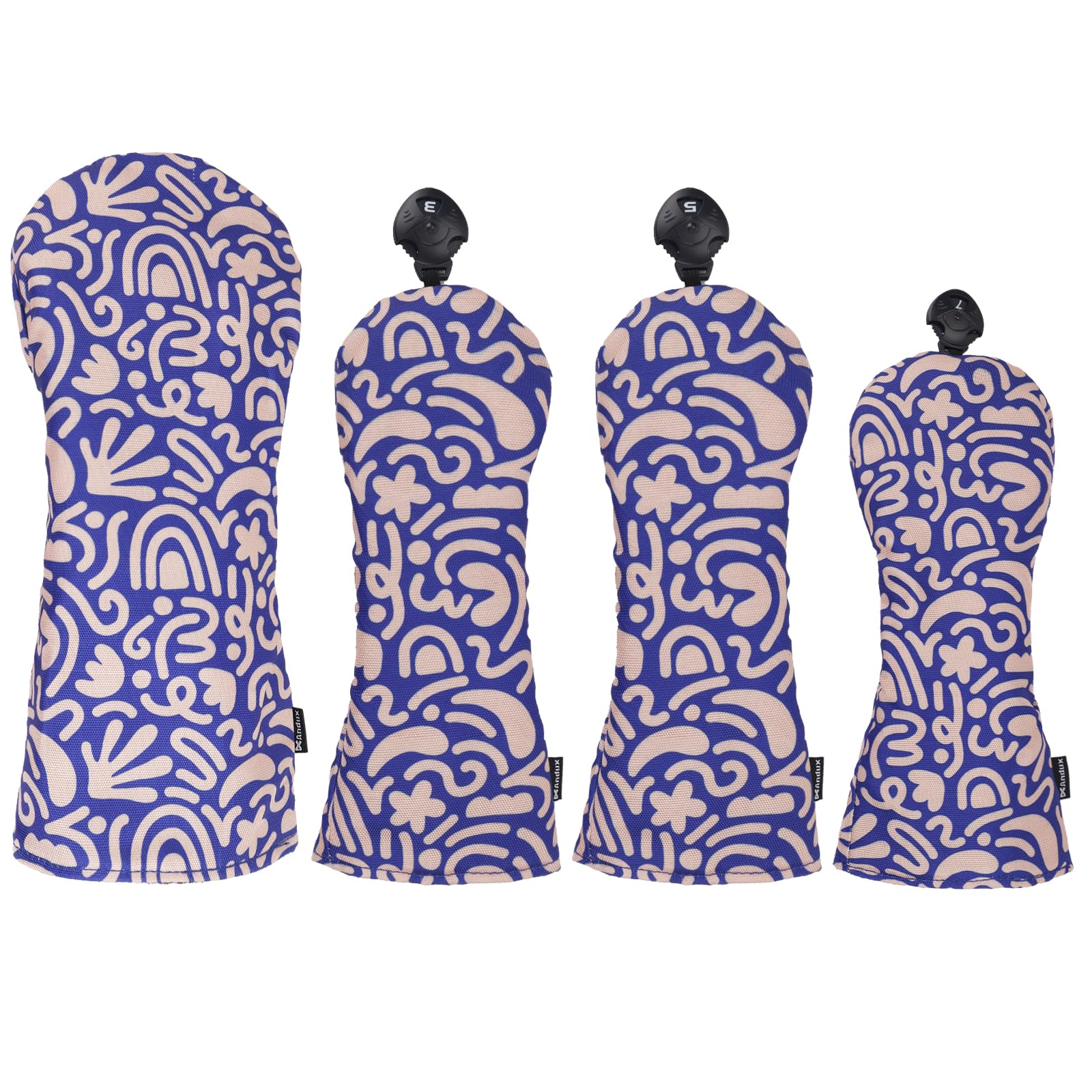 Andux 4Pack/set Golf 460cc Driver Woods Hybrids Club Head Covers with Artistic Pattern (Blue art stripes)