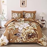Dintszyayue Floral Comforter Set Queen Size,7 Pieces Brown Flower Pattern Bed in a Bad,Lightweight Bedding Set Microfiber Comforter for All Season with Flat Sheet, Fitted Sheet, Pillowcases & Shams