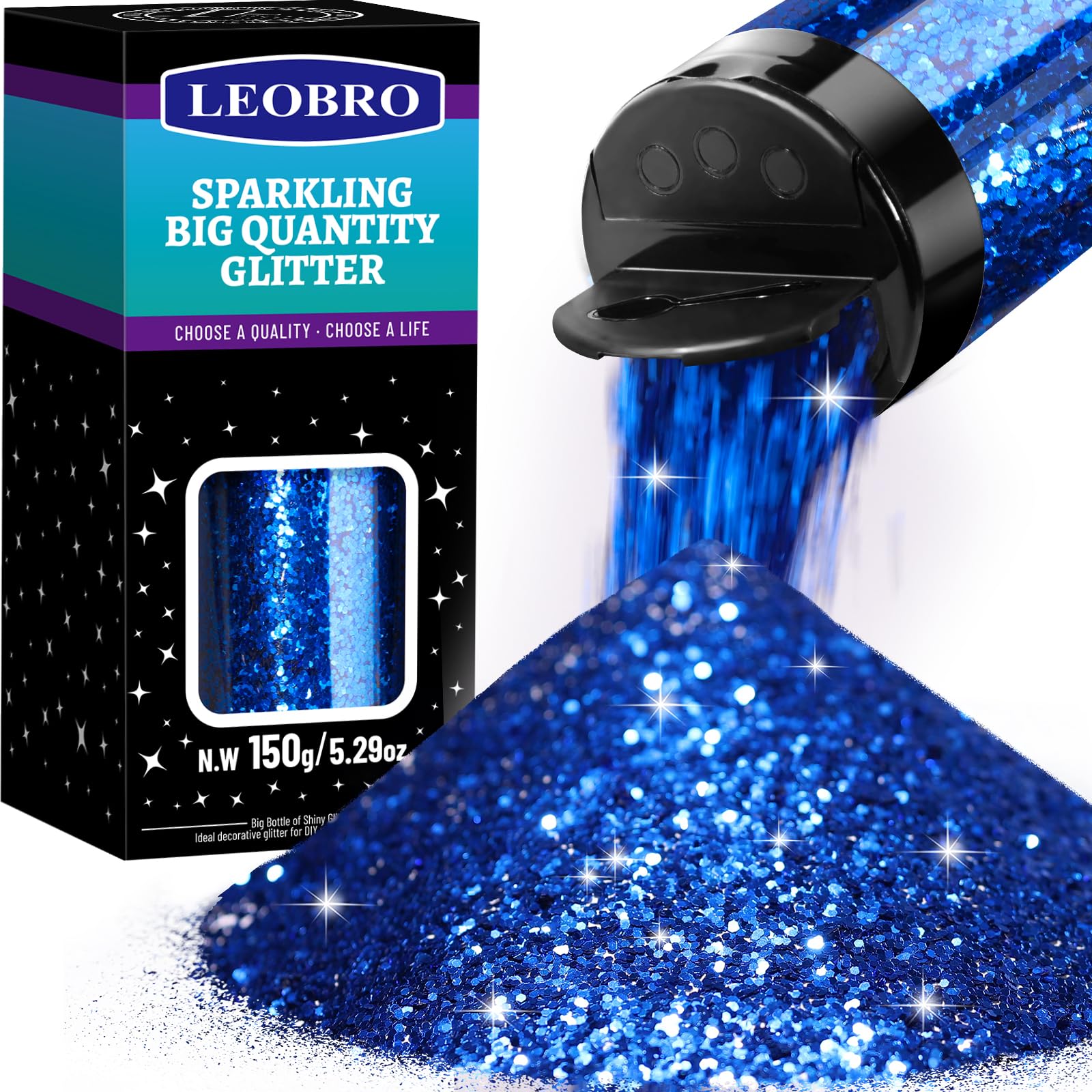 LEOBRO Blue Glitter - 150G/5.29OZ Royal Blue Glitter Flakes for Crafts, Resin Arts & Tumblers 1/24”(1MM)