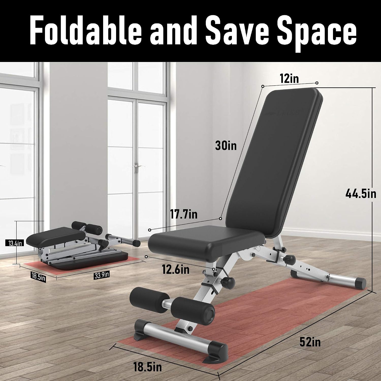 Image showing the leikefitness Adjustable Weight Bench GM5809 with its dimensions when unfolded and folded for space saving.