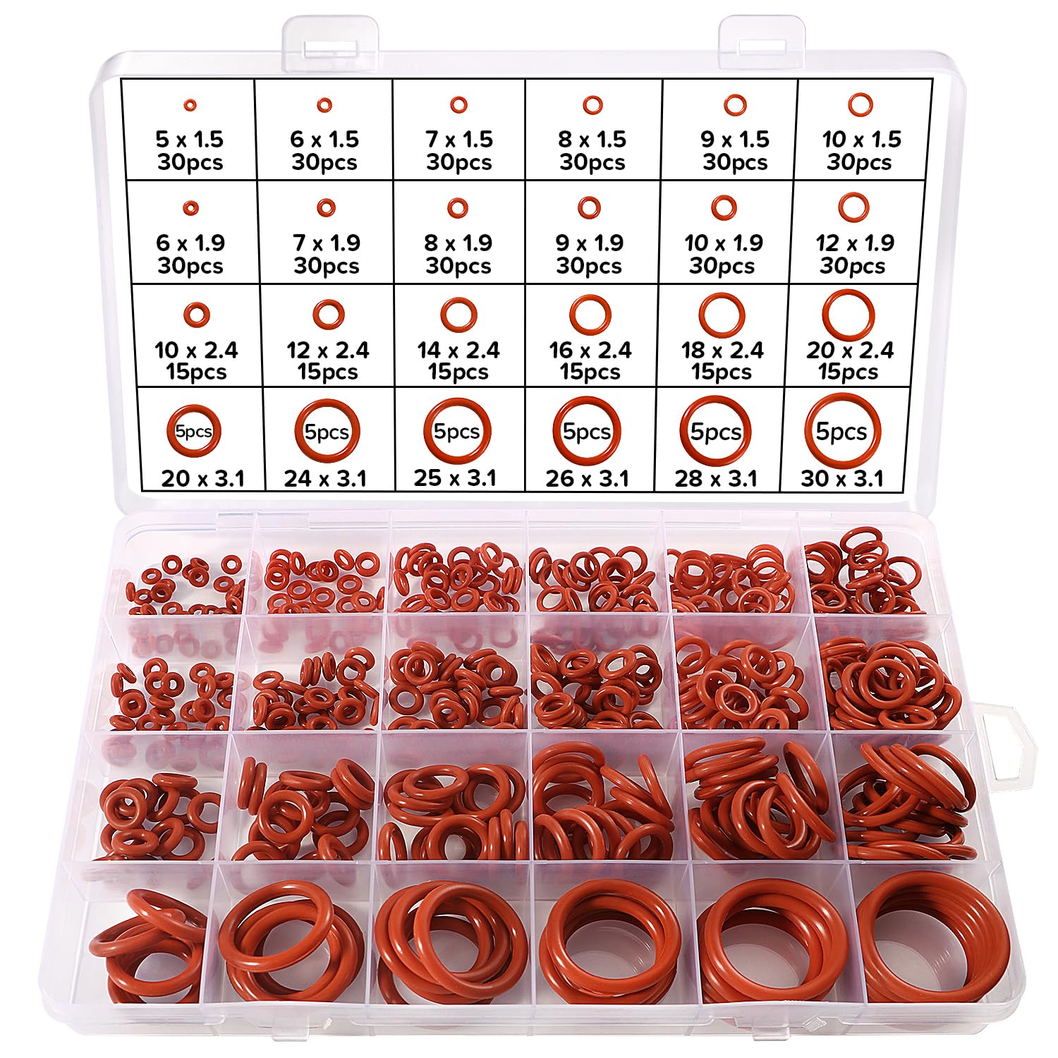 Lyeteung 480 PCS 24 Sizes O-Ring & Gasket Kit, Silicone O Ring Assortment, Sealing Gasket for Plumbing & Auto Repair, Red
