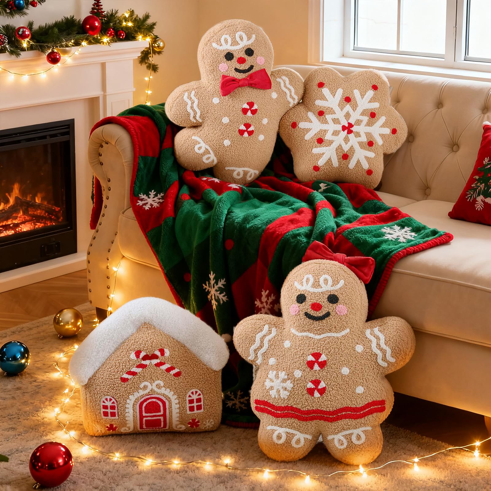 Photo 1 of Lanpn Christmas Gingerbread Pillows Set of 4, Christmas Decoration Winter Throw Pillows Soft Fleece Sherpa Cute 3D Shaped Ginger Bread Throw Cushion for Sofa Bedroom Xmas Decor