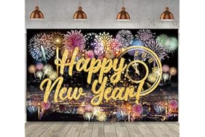 Famoby Happy New Year Fabric Sign Poster Backdrop with Fireworks for New Year Photo Booth Background Party Decoration