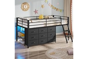 BTHFST Twin Loft Bed for Kids, Low Loft Bed Twin Size with 9 Storage Dresser, LED Lights, 2 Storage Shelves & Stairs, Metal Black Bed with Safety Guardrail for Young Teens, Space Saving, Black