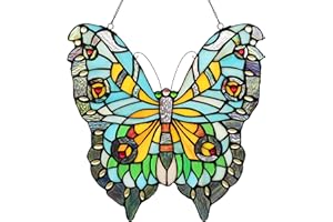 YOURANJU Butterfly Stained Glass Window Hanging Tiffany Style Handmade 12" Green Window Panel for Living Room Bedroom Kitchen Window Decoration Hangings with Chain