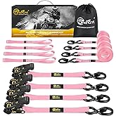 4Pcs Ratchet Tie Down Straps Kit for 2400lb Break Strength | 1” x 16FT Tie Down Straps with Soft Loop Tie-Downs & Safety S Hook - Cargo Strap Tie Down for Trucks, Motorcycle, Moving, Appliances - Pink