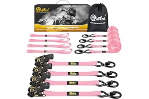TOBUMO 4Pcs Ratchet Tie Down Straps Kit for 2400lb Break Strength | 1” x 16FT Tie Down Straps with Soft Loop Tie-Downs & Safety S Hook - Cargo Strap Tie Down for Trucks, Motorcycle, Moving, Appliances - Pink