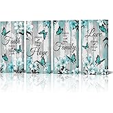 NutArtPic Faith Hope Family Love Canvas Wall Art, Teal Butterfly Floral Prints, 4 Panel Farmhouse Decor 6''x12''x4pcs (teal)