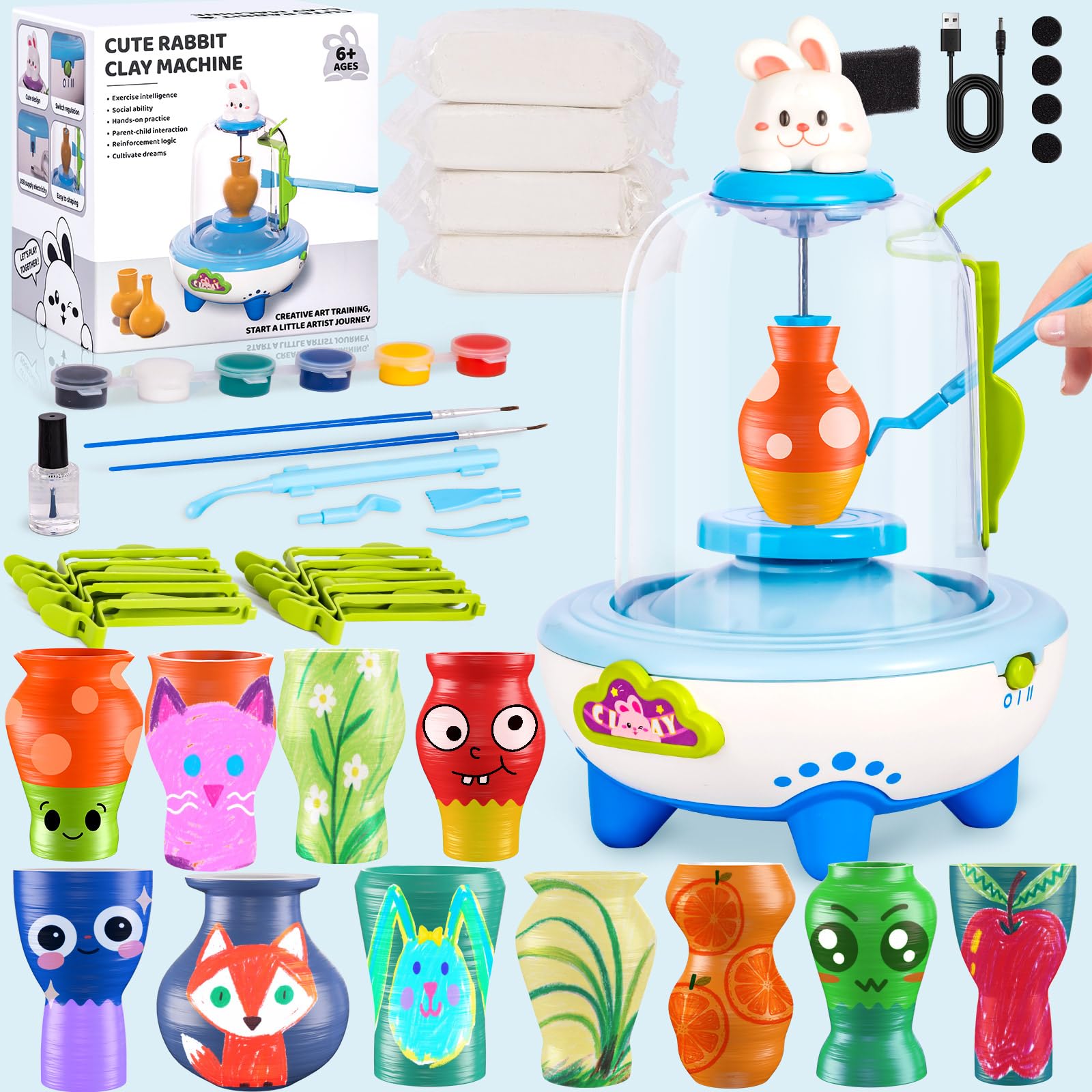 [10 Molds] Pottery Wheel for Kids, DIY Complete Pottery Painting Kit Arts and Crafts for Kids Ages 8-12, [4 Pack Air Dry Clay] Art Supplies Toys for Girls Boy Birthday Gift for 6 7 8 9 10 11 12+