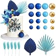 Graduation Cap Cake Topper Set With Flowers & Gold Balls – Blue, For Graduation, Wedding, Birthday Party Decor