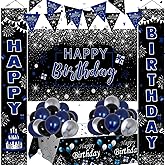 Nigifter Black and Blue Birthday Decorations, 37 PCS Blue Silver Party Decorations for Boys Men Women Girls, Balloon Supplies with Happy Birthday Backdrop Banner Tablecloth Confetti Balloons Arch