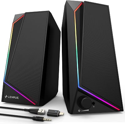 LENRUE USB C Computer Speakers with Headphone Jack and Adapter Included