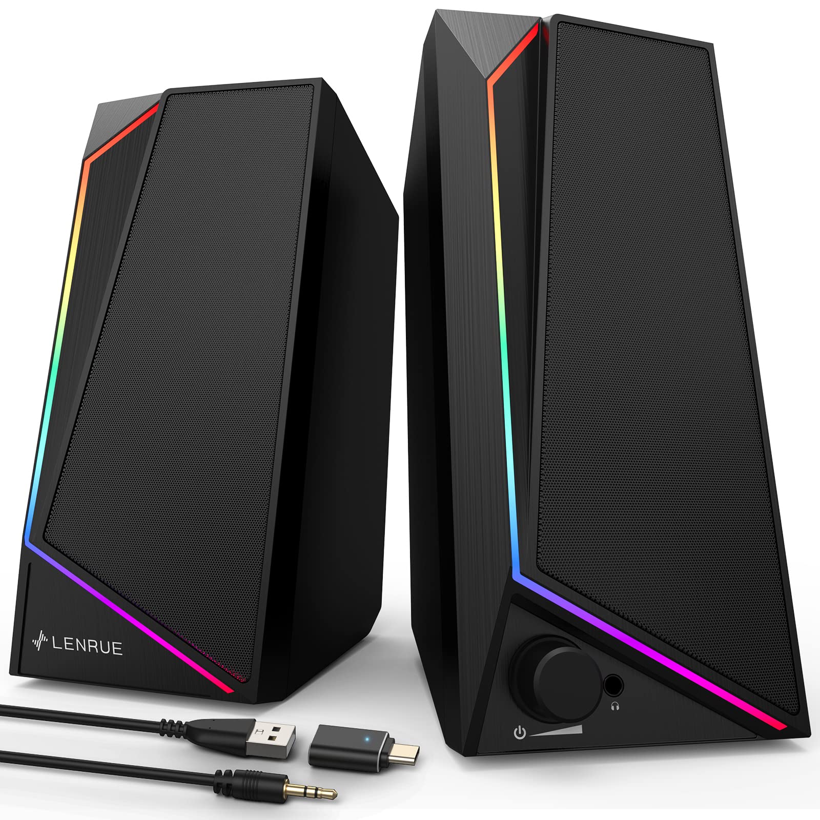 LENRUE PC Speakers, USB Powered Computer Speakers with Loud Stereo Sound, Headphone-in for Desktop, Laptop, Monitor (USB-C Adapter Included)