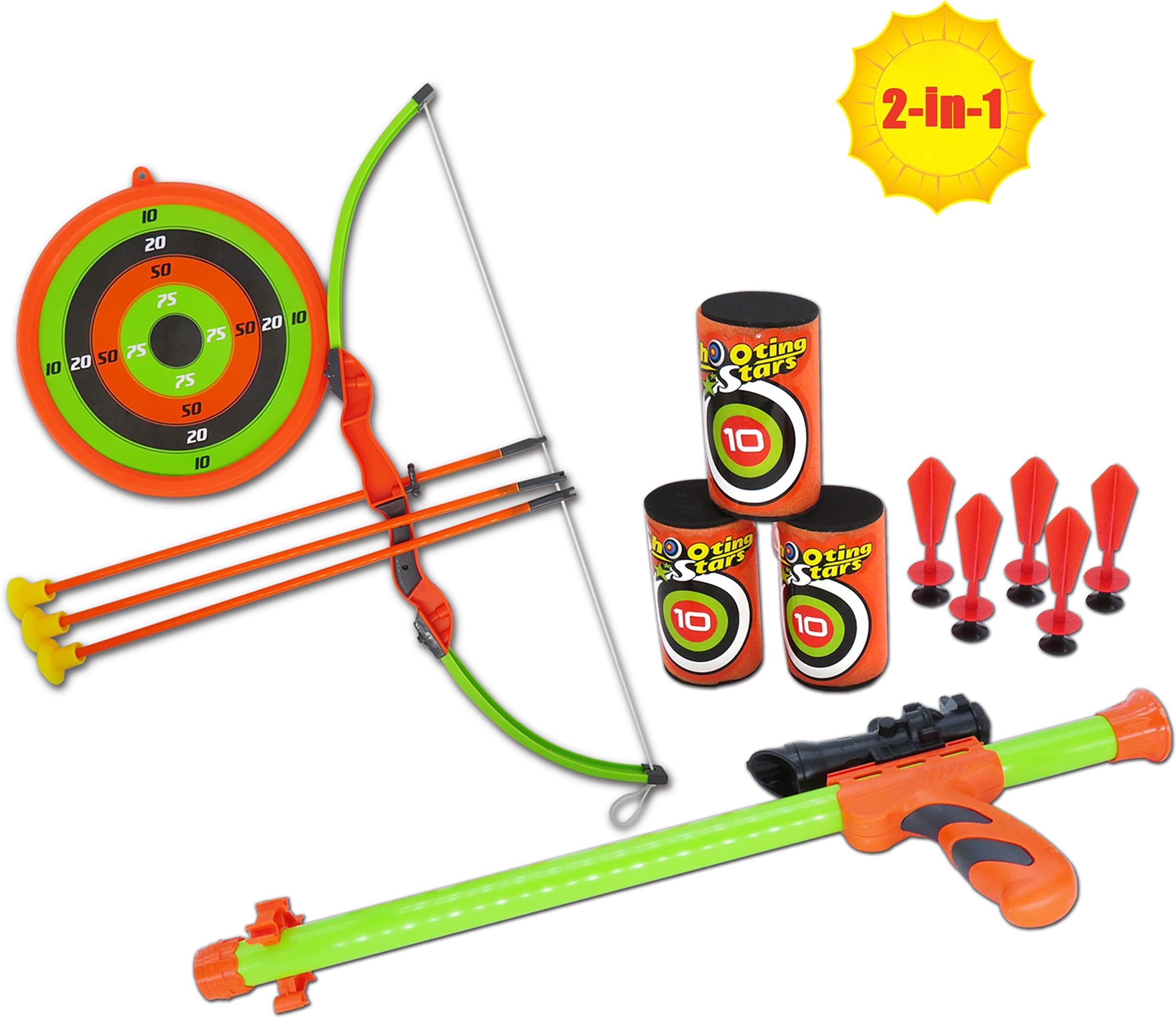 LITTLEFUN Super 2-in-1 Children Kids Archery Toy Set Bow Arrow Target Toxophily for Garden Patio Shooter Game Outdoors Indoors Activity Sport Shooting Air Blowing Dart Toy