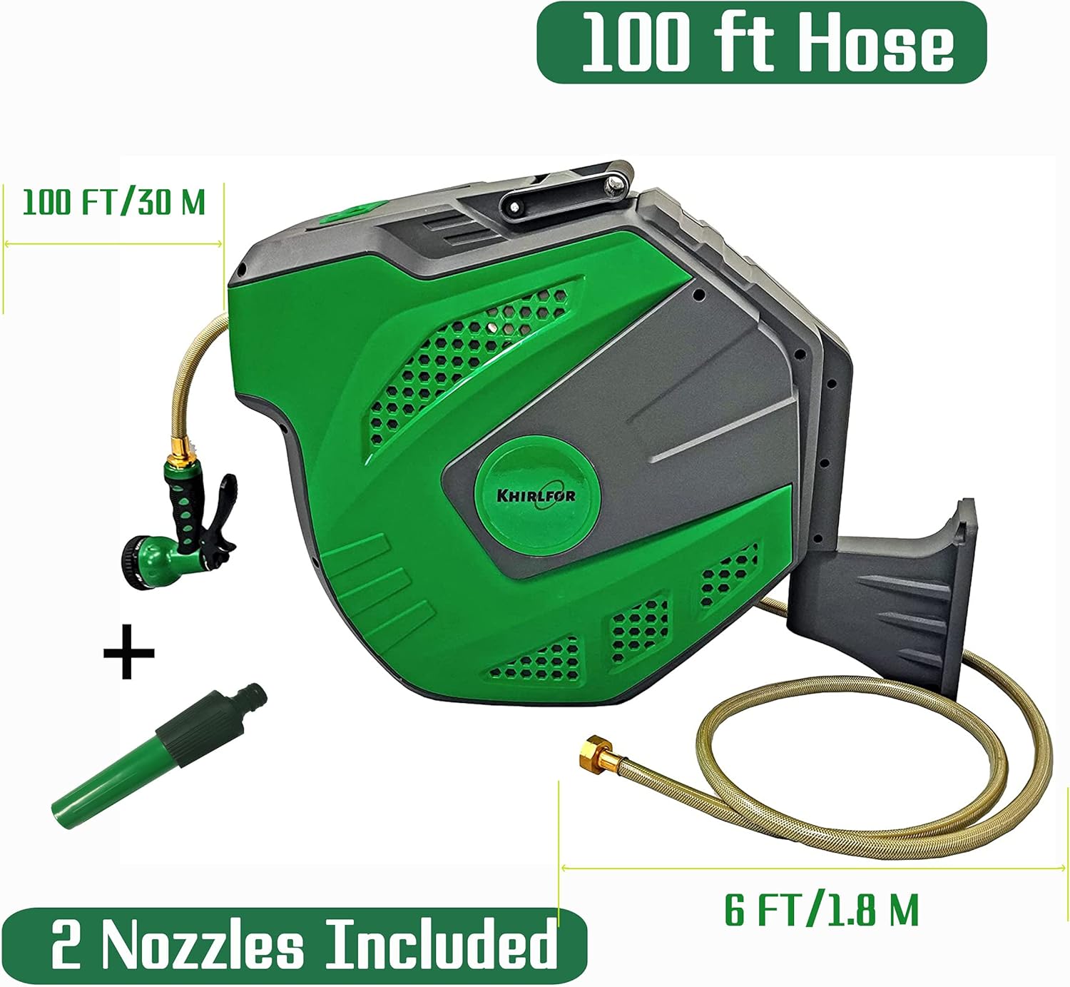 Khirlfor Garden Hose Reel Retractable Water Hose Holder Wall Mount 100 ft Hose with 7 Pattern Hose Nozzle : Garden & Outdoor