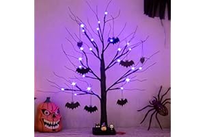 PEIDUO Halloween Decorations, 2FT Black Halloween Tree with 24 Purple Lights and 8 Bat Ornaments, Light up Halloween Decorations with Timer for Indoor Home Desk Table Decor Battery Powered