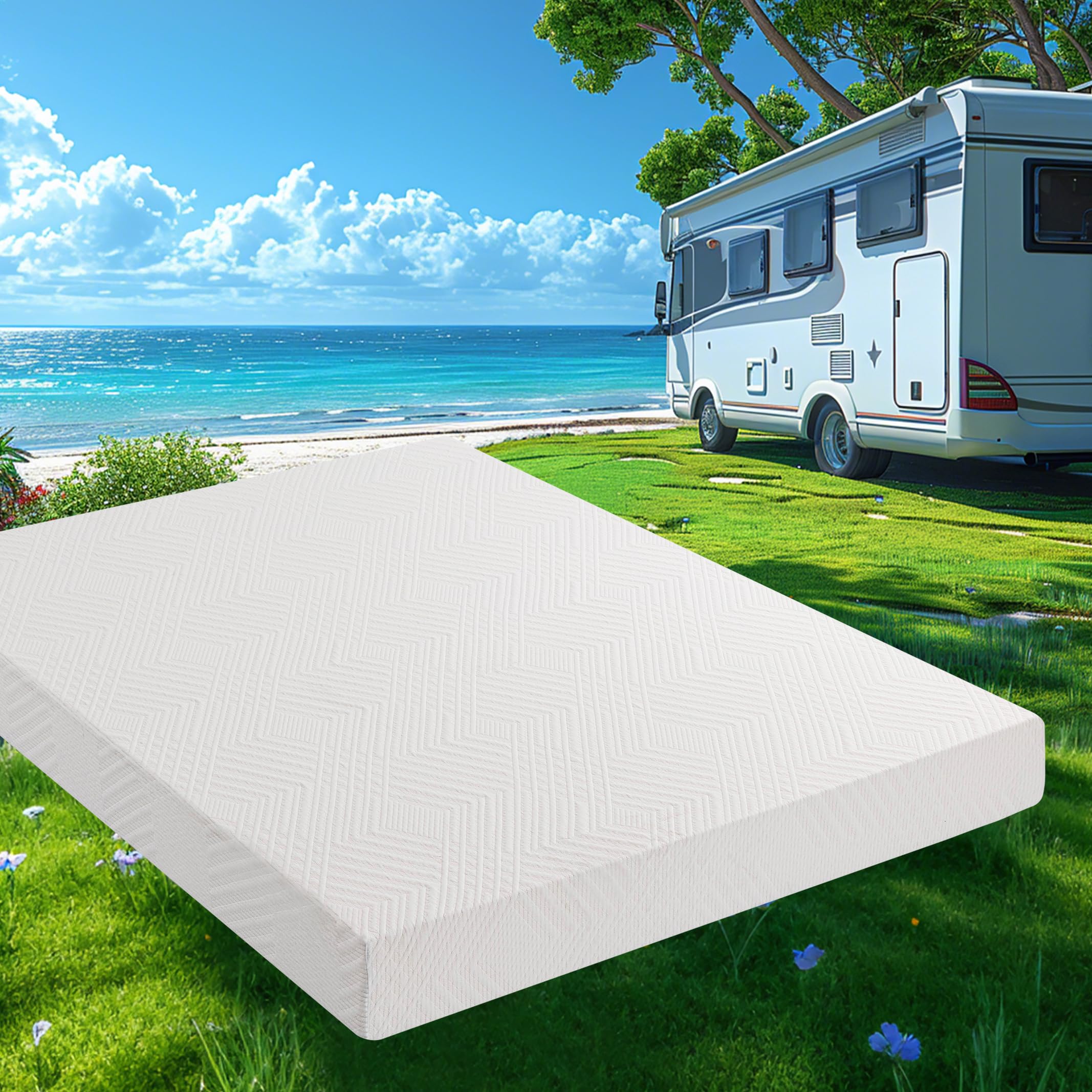 Emerspring 8 Inch RV Mattress Short Queen, Cooling Gel Green Tea Mattress for RVs, Campers & Trailers, CertiPUR-US Certified, Designed & Assembled in The USA, Medium Firm, 75"×60"×8" Image