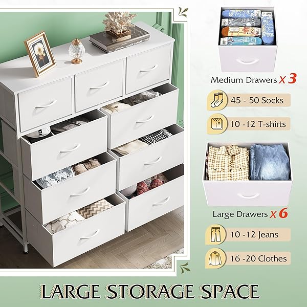 WLIVE 9-DRAWER DRESSER, FABRIC STORAGE TOWER FOR BEDROOM, HALLWAY, CLOSET, TALL CHEST ORGANIZER UNIT FOR BEDROOM WITH FABRIC BINS, STEEL FRAME, WOOD TOP, EASY PULL HANDLE, WHITE