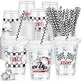 FoldTier 50 Pcs Checkered Racing Party Plastic Cup 12 oz Checkered Flag Thick Transparent Cup Black and White Cups Race Car Birthday Party Supplies for Racecar Sports Themed
