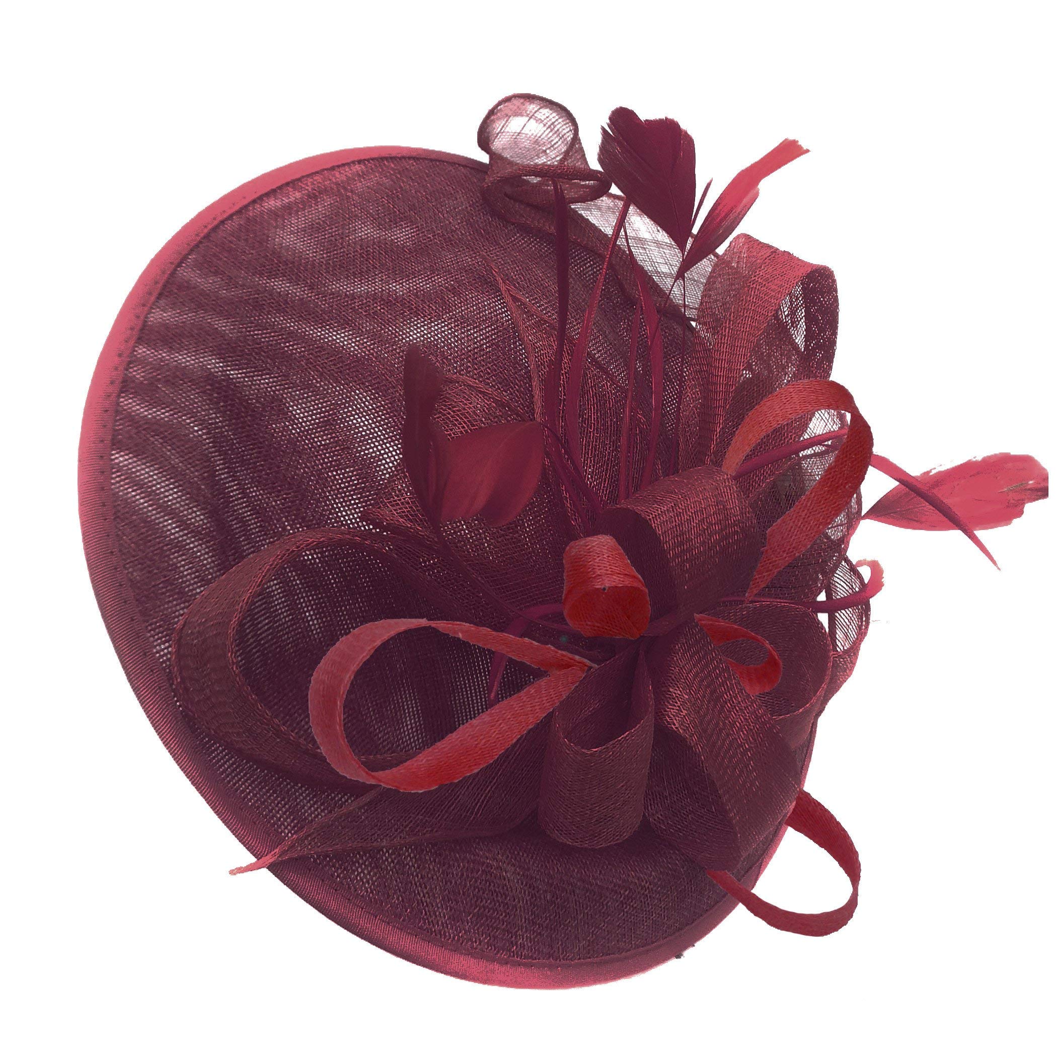 Caprilite Burgundy and Burgundy Sinamay Big Disc Saucer Fascinator Hat for Women Weddings Headband