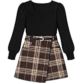 Doumlop Girls Skirt Set 3 Piece Outfits Long Sleeve Tops and Plaid Mini Skirt Shorts with Belt Fall Winter Clothes