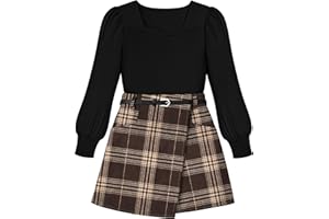Doumlop Girls Skirt Set 3 Piece Outfits Long Sleeve Tops and Plaid Mini Skirt Shorts with Belt Fall Winter Clothes